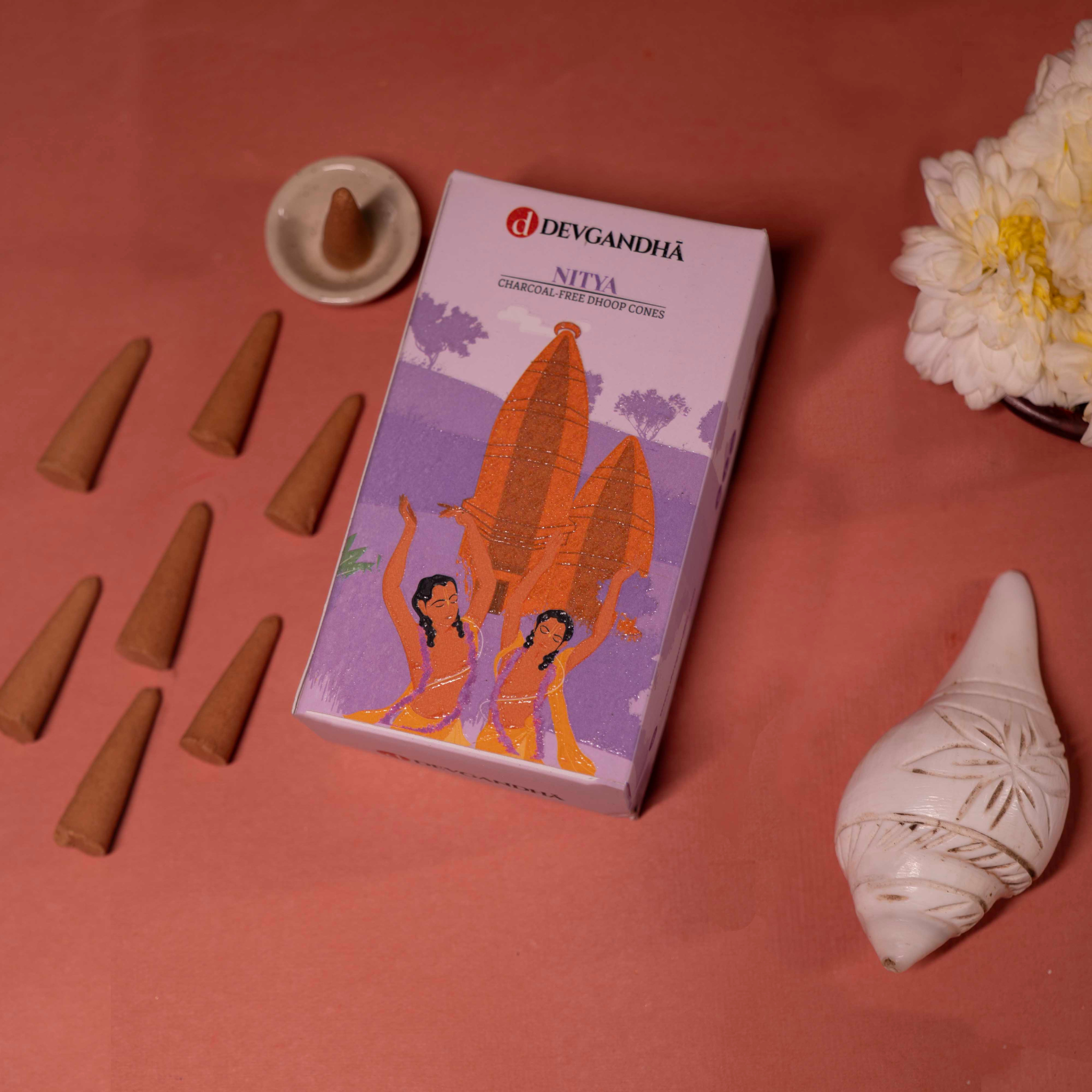 Devgandha Charcoal-Free Dhoop Cones Combo – 4 Premium Fragrances (150 GM Each) | Chaitanya, Nitya, Kesar Chandan, Nikunj Ras