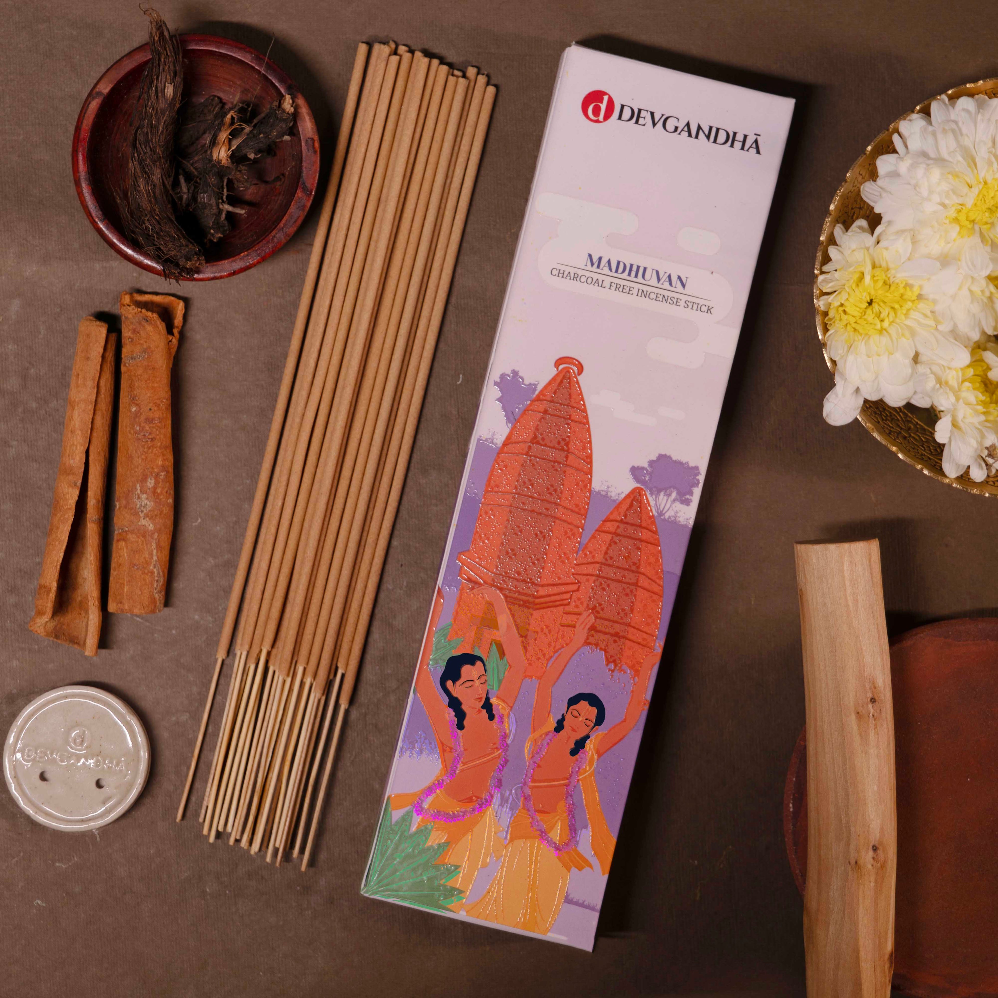Devgandha Pack of 6 Incense Sticks Bundle - Madhuvan, Vrindavan Flower, Nidhivan, Rudraksha, Amber, Goloka - 300 Sticks (100 GM Each)