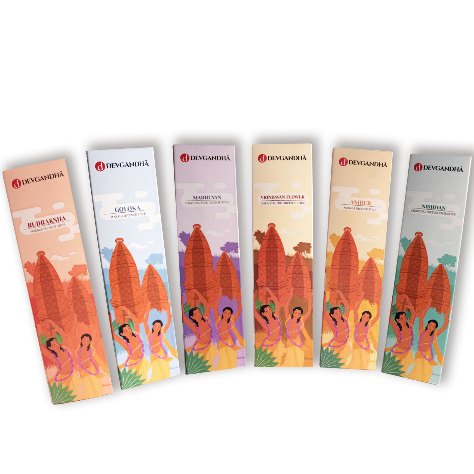 Devgandha Pack of 6 Incense Sticks Bundle - Madhuvan, Vrindavan Flower, Nidhivan, Rudraksha, Amber, Goloka - 300 Sticks (100 GM Each)