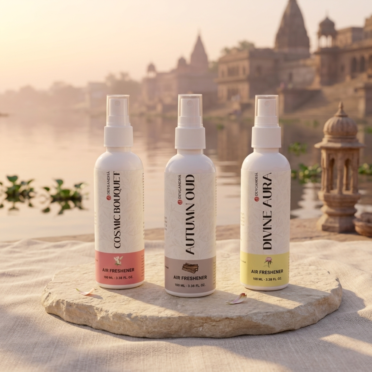 Devgandha Temple Room Air Fresheners - Pack of 3 (Divine Aura, Cosmic Bouquet, Autumn Oud)