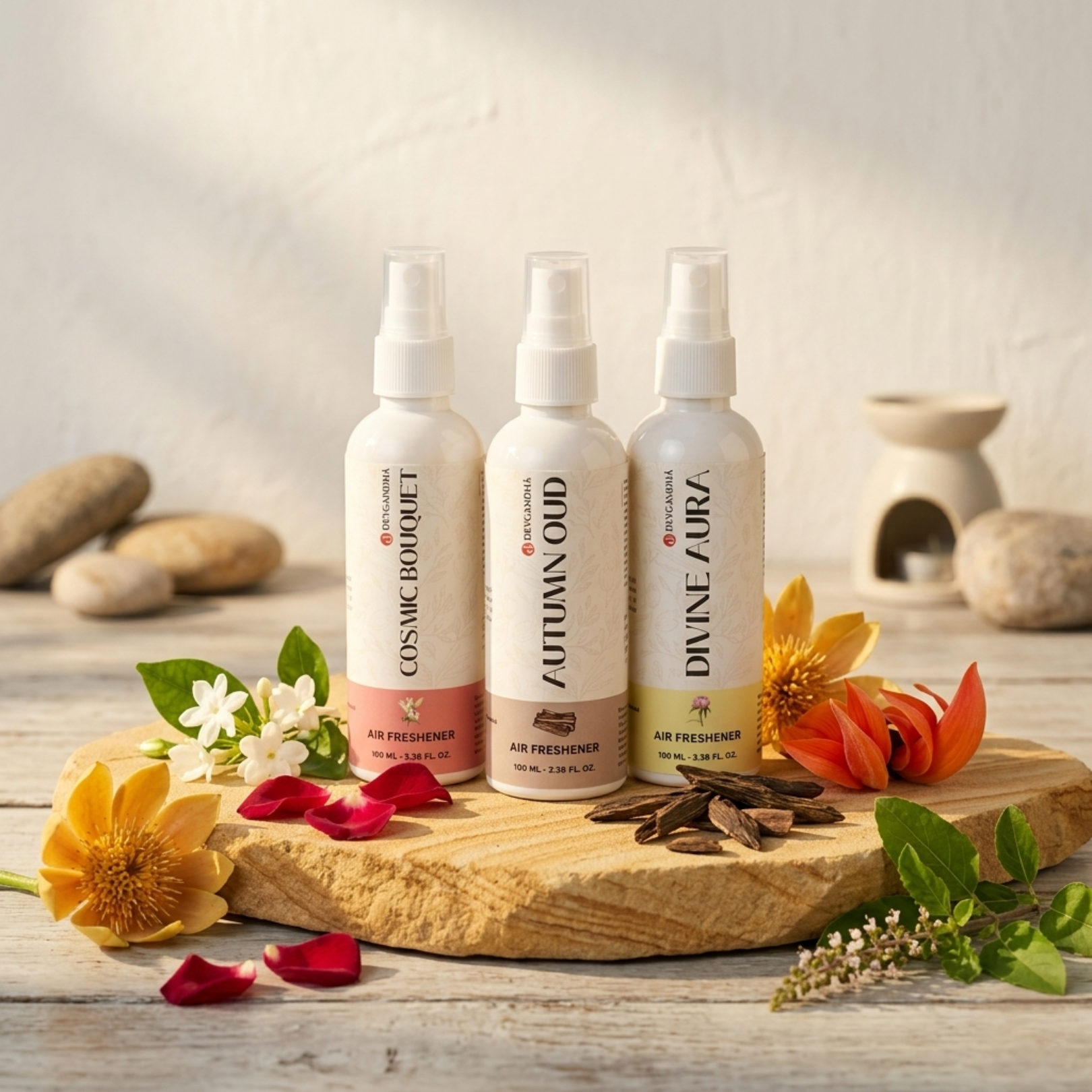 Devgandha Temple Room Air Fresheners - Pack of 3 (Divine Aura, Cosmic Bouquet, Autumn Oud)