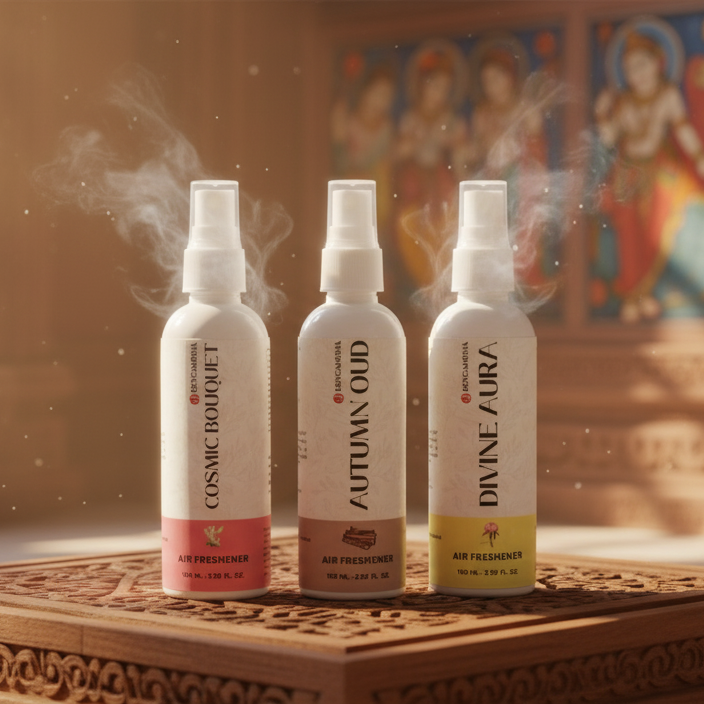 Devgandha Temple Room Air Fresheners - Pack of 3 (Divine Aura, Cosmic Bouquet, Autumn Oud)
