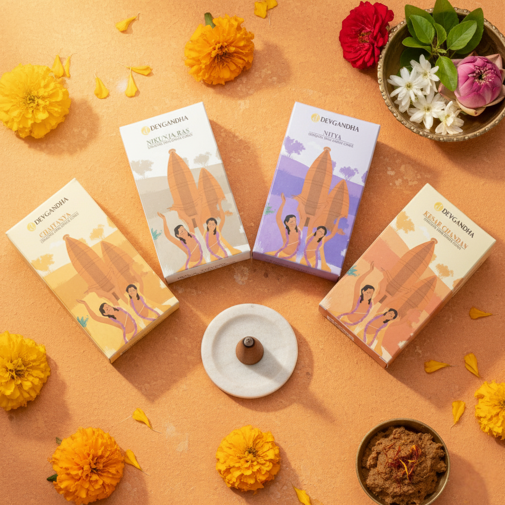 Devgandha Charcoal-Free Dhoop Cones Combo – 4 Premium Fragrances (150 GM Each) | Chaitanya, Nitya, Kesar Chandan, Nikunj Ras