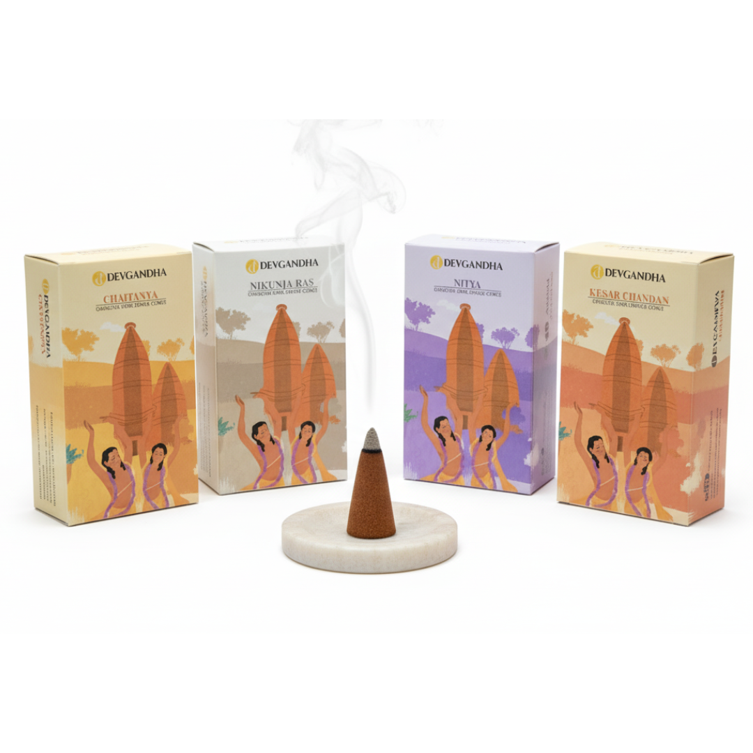 Devgandha Charcoal-Free Dhoop Cones Combo – 4 Premium Fragrances (150 GM Each) | Chaitanya, Nitya, Kesar Chandan, Nikunj Ras